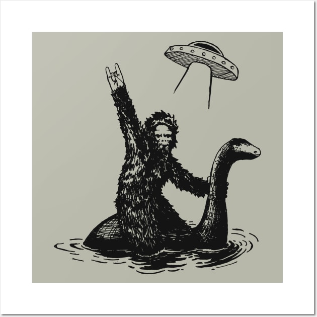 Bigfoot riding the Loch Ness monster with a UFO Wall Art by DavidLoblaw